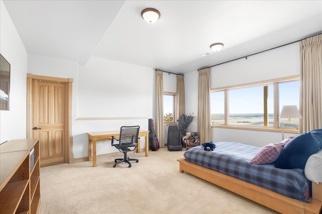 carpeted bedroom featuring a water view