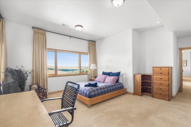 bedroom with light colored carpet