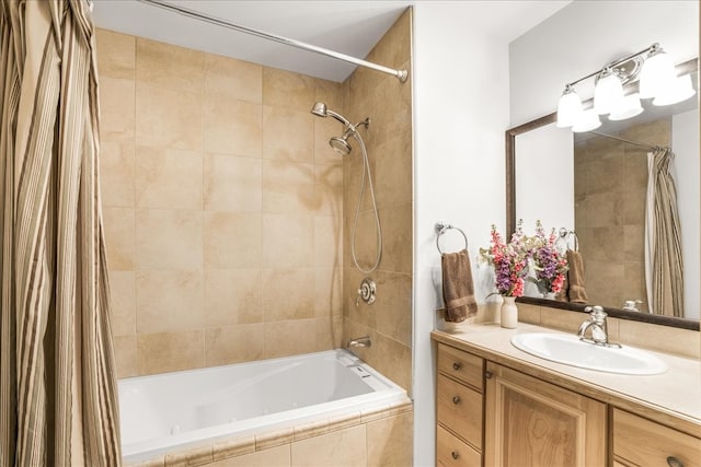 bathroom with shower / bathtub combination with curtain and vanity