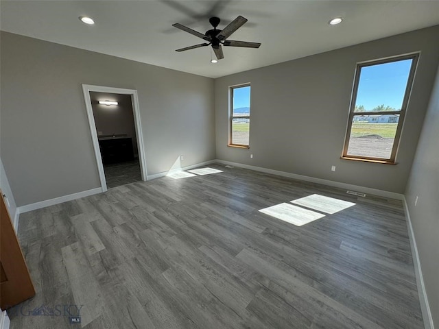 interior space with hardwood / wood-style floors, a spacious closet, ceiling fan, and a closet