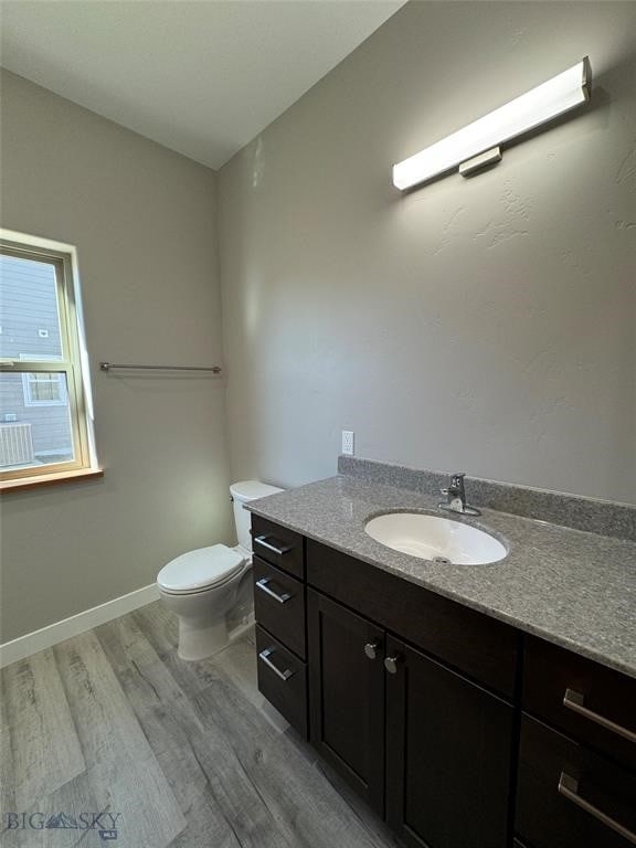 bathroom with hardwood / wood-style floors, vanity, and toilet