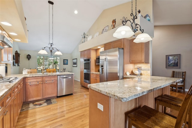 kitchen with decorative light fixtures, stainless steel appliances, light wood-style flooring, a sink, and a peninsula