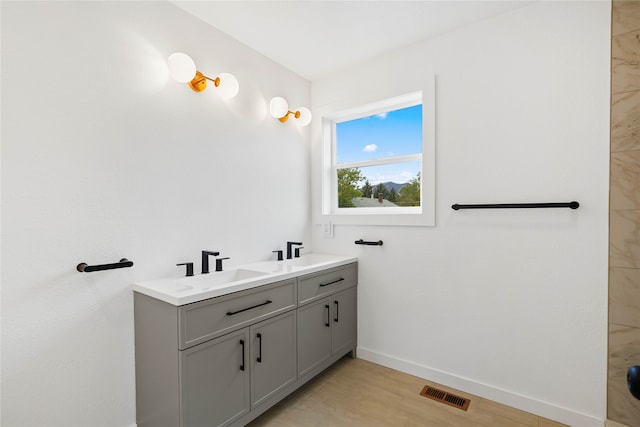 bathroom with wood-type flooring and vanity