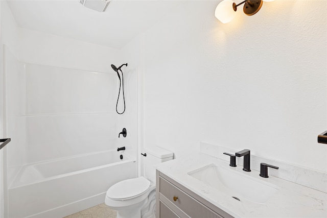 full bathroom with shower / bathtub combination, vanity, and toilet