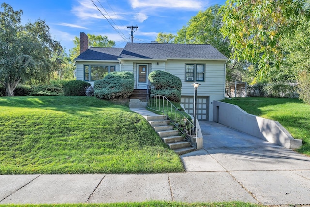 view of front of house with a front lawn, driveway, an attached garage, and a chimney