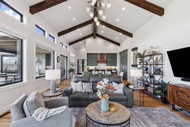 living room with high vaulted ceiling, beamed ceiling, plenty of natural light, and hardwood / wood-style flooring