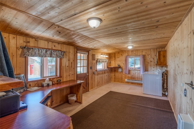2237 Grave Creek Rd, Eureka, MT 59917 - kitchen with a baseboard radiator, wood walls, wood ceiling, and carpet