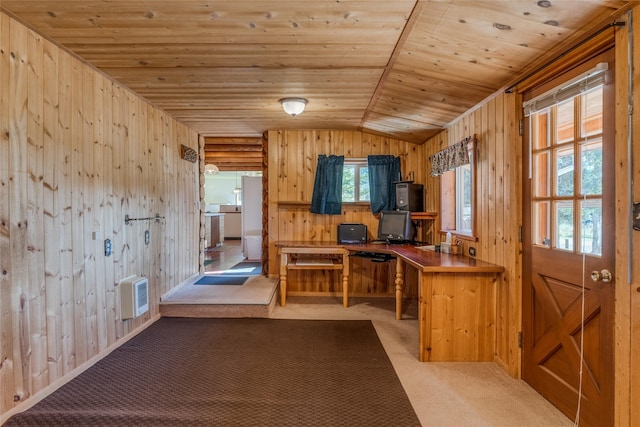 2237 Grave Creek Rd, Eureka, MT 59917 - kitchen featuring wood ceiling, a desk, wood walls, vaulted ceiling, and carpet flooring