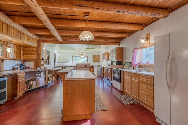 2237 Grave Creek Rd, Eureka, MT 59917 - kitchen with freestanding refrigerator, range with electric stovetop, a wood ceiling with exposed beams, a center island, and dishwashing machine