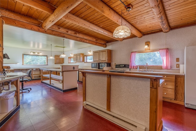 2237 Grave Creek Rd, Eureka, MT 59917 - kitchen featuring a wood ceiling with exposed beams, freestanding refrigerator, a baseboard heating unit, a kitchen island, and plenty of natural light