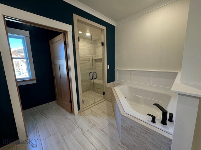 bathroom with independent shower and bath and ornamental molding