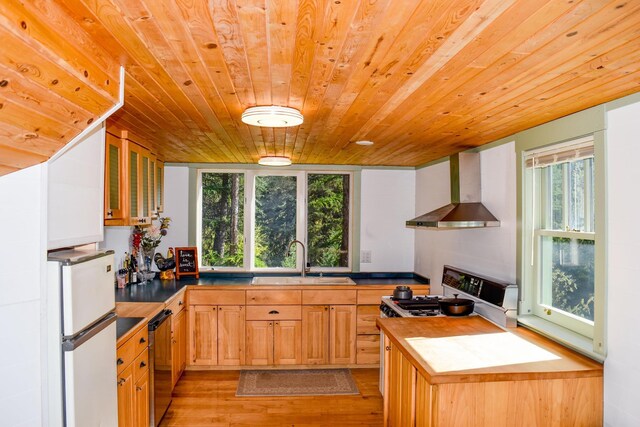 details featuring wood-type flooring, a wood stove, and wood ceiling