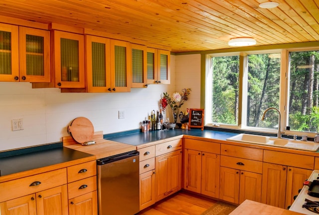 kitchen with sink, wooden ceiling, light hardwood / wood-style floors, and dishwasher