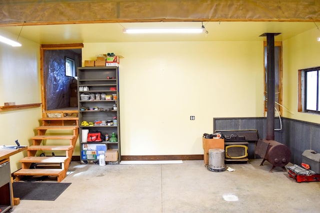 garage featuring a wood stove