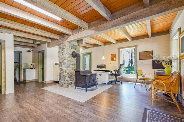 bathroom with sink, an enclosed shower, vaulted ceiling, wooden ceiling, and toilet