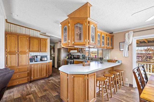 kitchen featuring dark hardwood / wood-style floors, ornamental molding, stainless steel appliances, and kitchen peninsula