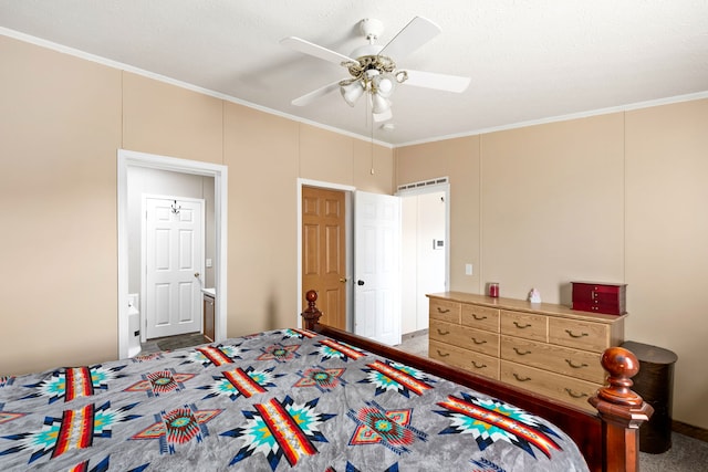 bedroom with crown molding, carpet floors, and ceiling fan