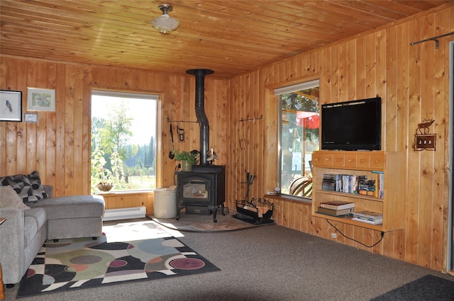 1876 Timber Creek Rd, Haugan, MT 59866 - living room with a wood stove, healthy amount of natural light, wood ceiling, wooden walls, and a baseboard radiator
