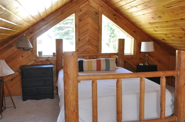 1876 Timber Creek Rd, Haugan, MT 59866 - bedroom with wooden ceiling, wood walls, vaulted ceiling, and carpet floors