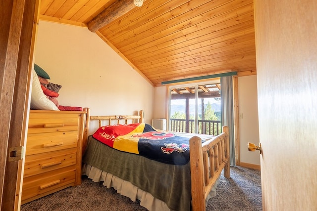 carpeted bedroom with lofted ceiling with beams, wooden ceiling, and access to exterior