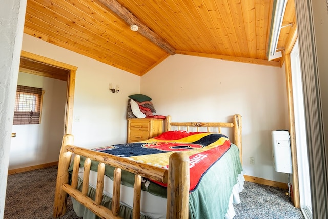 carpeted bedroom with vaulted ceiling with beams and wooden ceiling