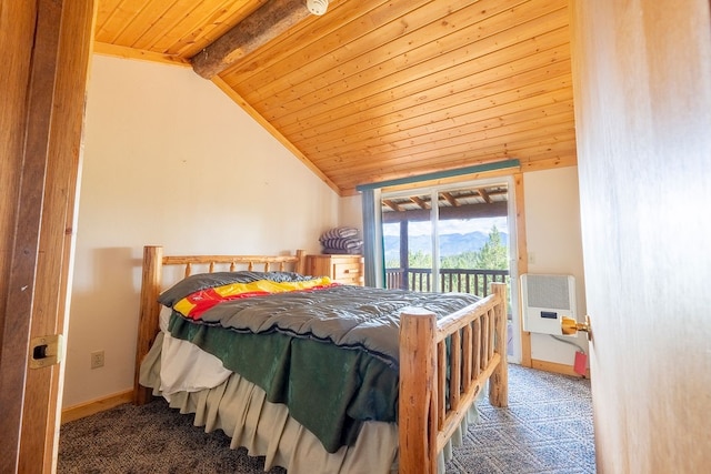 carpeted bedroom with lofted ceiling with beams, wood ceiling, heating unit, and access to outside