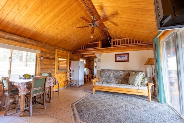 interior space featuring ceiling fan, lofted ceiling with beams, light tile patterned floors, and wooden ceiling