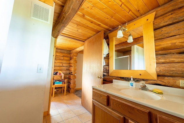 bathroom with wood ceiling, log walls, vanity, and tile patterned floors