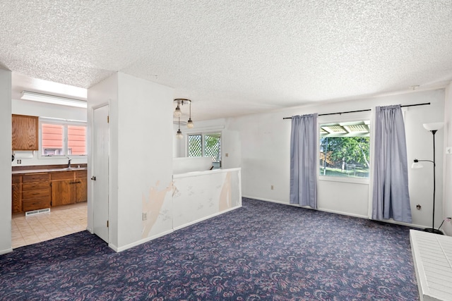 interior space with a textured ceiling, light colored carpet, plenty of natural light, and sink