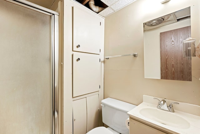 bathroom featuring toilet, a stall shower, and vanity