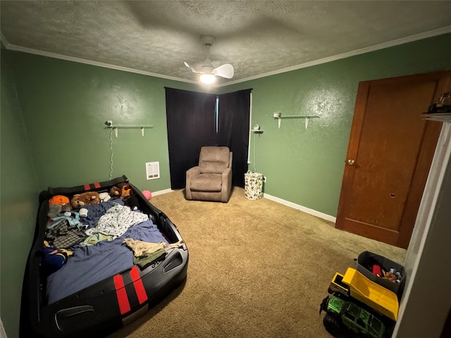 bedroom featuring carpet floors, crown molding, a textured ceiling, and ceiling fan