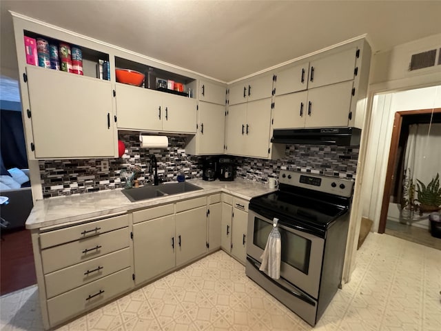 kitchen featuring stainless steel electric range oven, tasteful backsplash, and sink