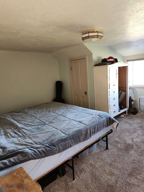 carpeted bedroom with lofted ceiling and a textured ceiling