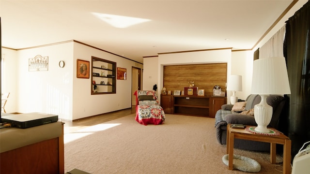 game room with ornamental molding and light colored carpet