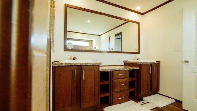 bathroom featuring crown molding, wood-type flooring, and vanity