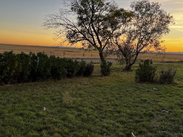 yard at dusk featuring a rural view