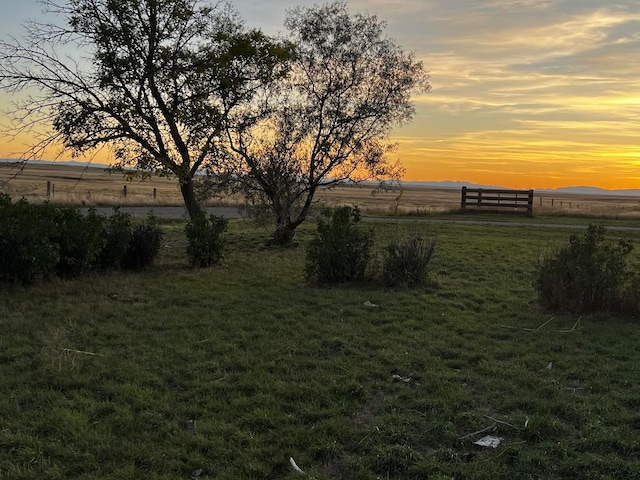 yard at dusk featuring a rural view