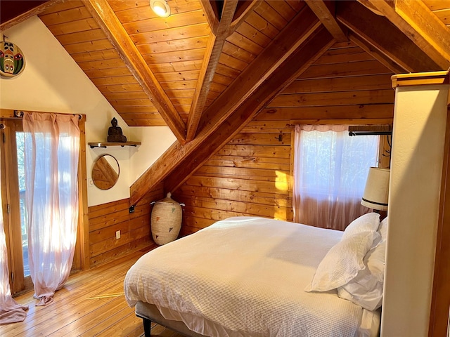 339 Dakota Ave, Whitefish, MT 59937 - bedroom featuring wood ceiling, wooden walls, and hardwood / wood-style flooring
