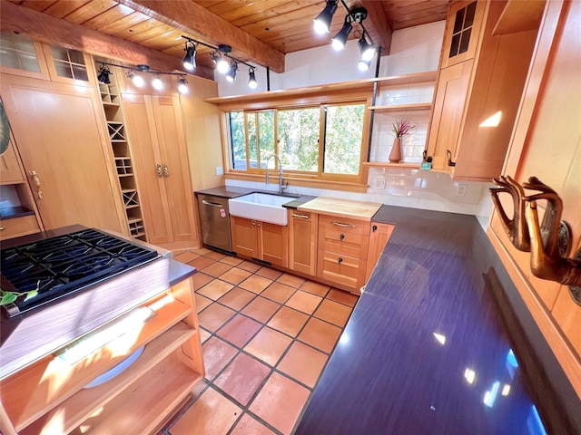 339 Dakota Ave, Whitefish, MT 59937 - kitchen with wooden ceiling with exposed beams, a sink, open shelves, stainless steel dishwasher, and light tile patterned flooring