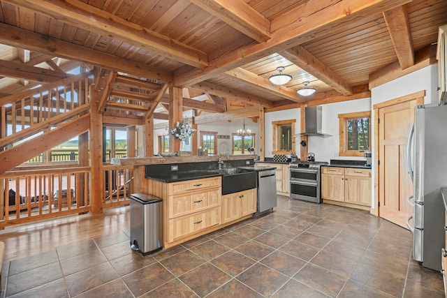 1200 Shaw Ln, Bonner, MT 59823 - kitchen with appliances with stainless steel finishes, wood ceiling, wall chimney range hood, dark countertops, and light brown cabinets