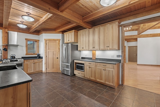 kitchen featuring wood ceiling, beamed ceiling, dark hardwood / wood-style floors, wall chimney range hood, and appliances with stainless steel finishes