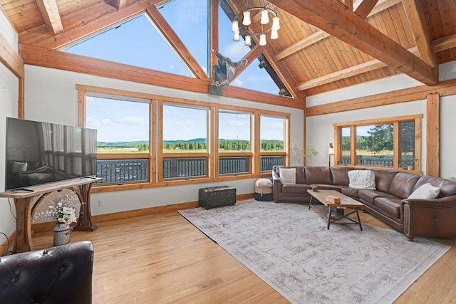 living room with wood ceiling, light hardwood / wood-style floors, beamed ceiling, high vaulted ceiling, and a skylight