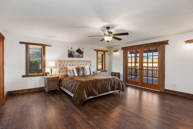 bedroom featuring dark hardwood / wood-style flooring, access to exterior, a textured ceiling, ceiling fan, and french doors