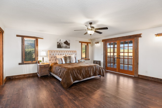 bedroom featuring a textured ceiling, dark hardwood / wood-style floors, access to outside, ceiling fan, and french doors