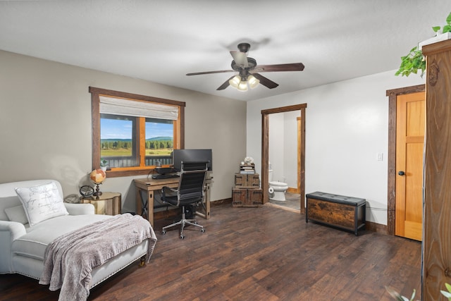 office area with dark hardwood / wood-style flooring and ceiling fan