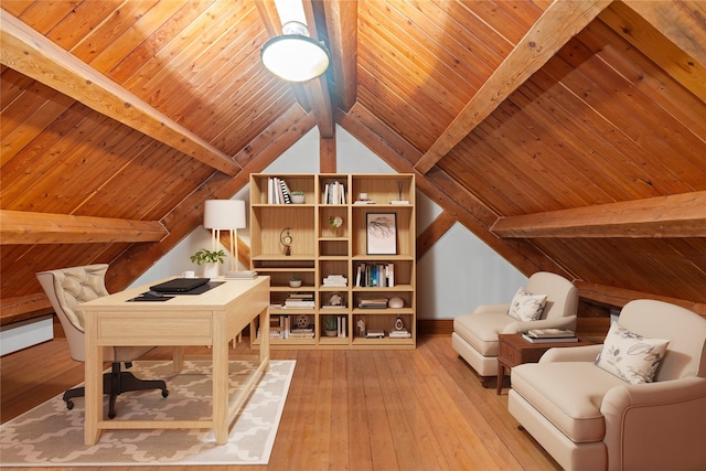 office featuring light hardwood / wood-style flooring, lofted ceiling with beams, and wooden ceiling