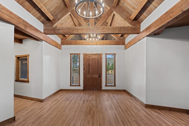 foyer entrance with wood-type flooring, a notable chandelier, and wooden ceiling