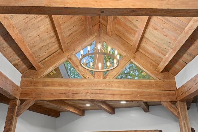 details featuring a chandelier, beamed ceiling, and wooden ceiling