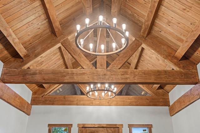 interior details with wood ceiling, beamed ceiling, and a chandelier