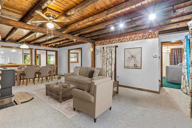 carpeted living room with ceiling fan, wood ceiling, and beam ceiling